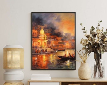 Ganga Aarti Scene Print – Indian Ganga Ghat Water Painting (Digital Download)