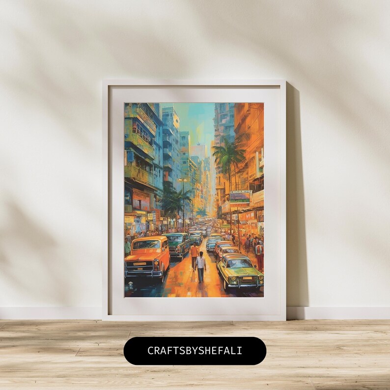 May include: A framed art print depicting a bustling city street scene. The artwork features a vibrant color palette with orange, blue, and yellow hues. Cars and pedestrians fill the street, with tall buildings lining the sides. The text "CRAFTSBYSHEFALI" is at the bottom.