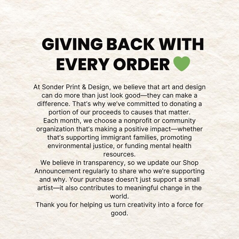 May include: A text-based graphic with a green heart, promoting a company's commitment to donating a portion of their proceeds to charitable causes. The text reads "Giving Back With Every Order".