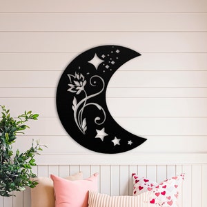 Metal Crescent Moon Wall Art: Stars & Floral Design