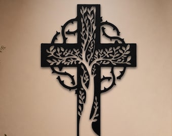 Tree of Life Cross Wall Art, Christian Home Decor, Faith Steel Gift