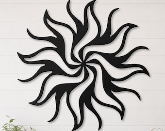 Escultura de pared abstracta de metal con forma de sol radiante, decoración moderna de acero negro, escultura solar para interiores y exteriores.
