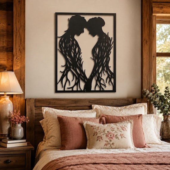 11th Anniversary Steel Couple Wall Art, Rooted in Love Romantic Bedroom Gift
