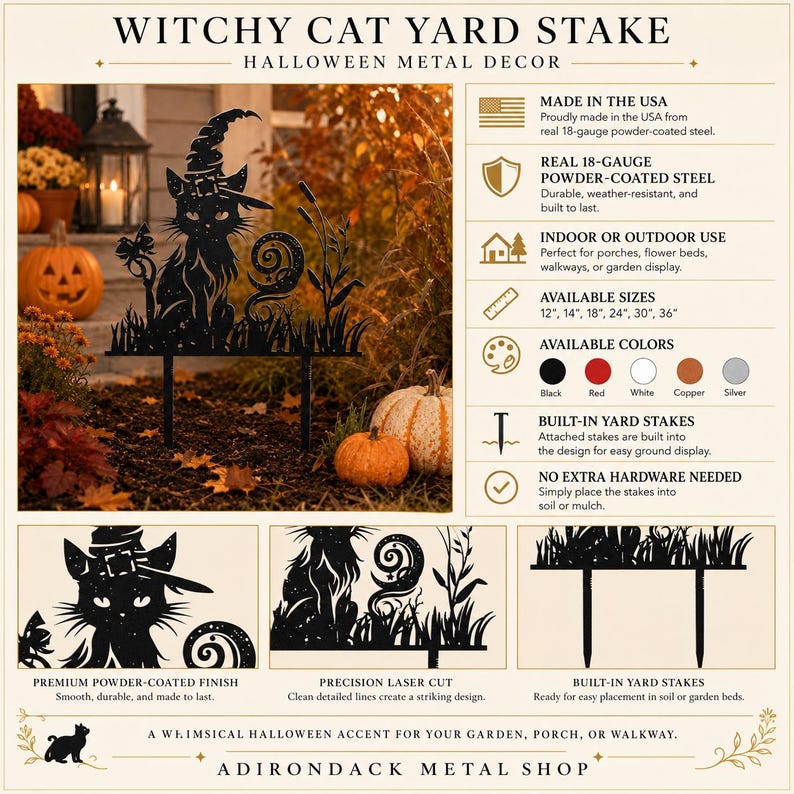 Puede incluir: Un estaca de jard&iacute;n de metal negro con un gato que lleva un sombrero de bruja, rodeado de siluetas de hierba y plantas. El dise&ntilde;o incluye estacas integradas para colocar en el suelo. El texto WITCHY CAT YARD STAKE y HALLOWEEN METAL DECOR aparece.