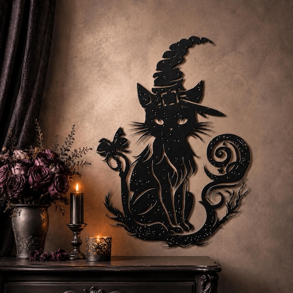 Witchy Cat Wall Art, Gothic Halloween Decor, Sassy Cat Lover Housewarming gift