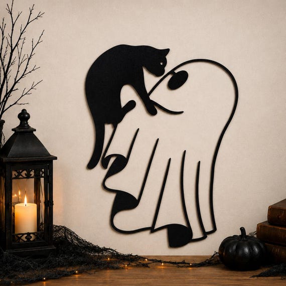 18-Gauge Steel Halloween Cat Ghost Wall Art, Spooky Outdoor Porch Decor