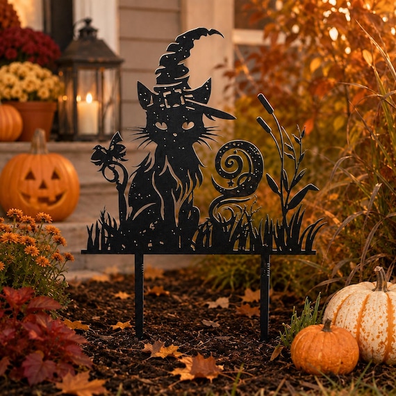 Witchy Cat Yard Stake Halloween Garden Decor Black Metal Yard Art
