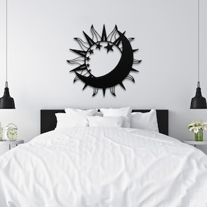 Moon & Stars Sun Metal Indoor/Outdoor Sign – Celestial Wall Art, Boho Decor, Spiritual Gift