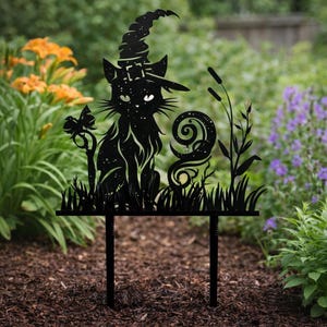 Estaca de jardín con diseño de gato brujo, decoración de jardín de Halloween, arte de jardín de metal negro imagen 3