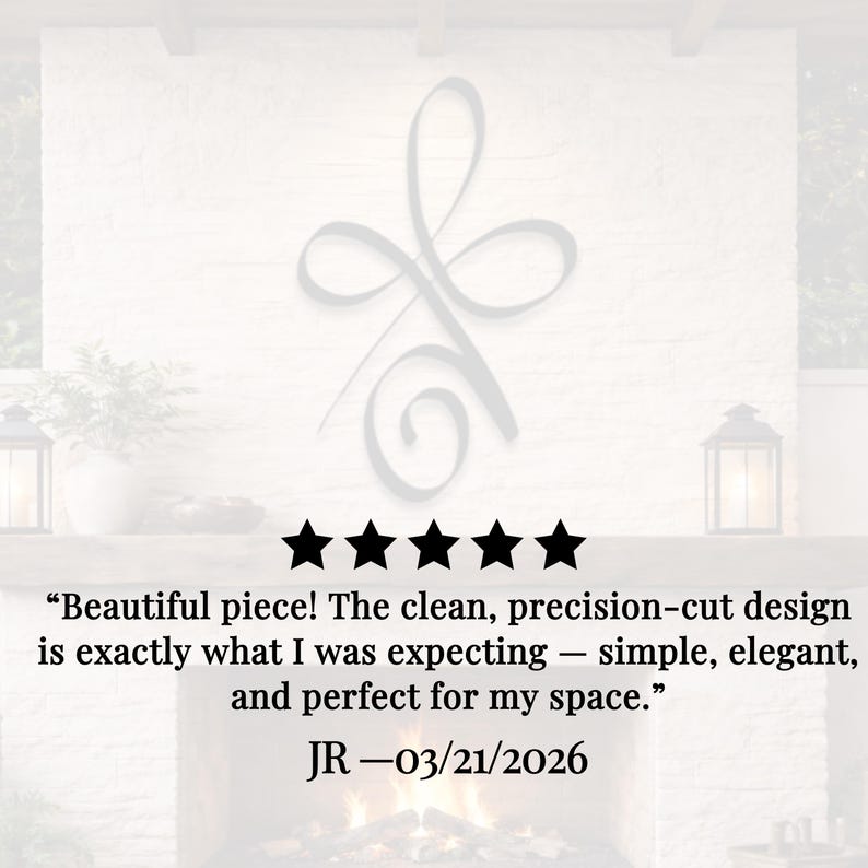 May include: A gray metal wall art piece with a flowing, abstract design. The image includes a five-star rating and a customer review that reads, "Beautiful piece! The clean, precision-cut design is exactly what I was expecting - simple, elegant, and perfect for my space."