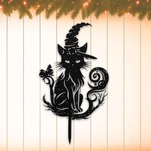 Spooky Cat Yard Stake – Halloween Metal Cat Garden Decor – Cute Witch Cat Sign – Indoor Outdoor Scaredy Cat Lawn Decoration