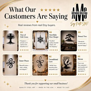 May include: A promotional graphic titled What Our Customers Are Saying featuring the Adirondack Metal Shop logo and six customer reviews. Each review displays a black metal wall art piece, including a tree cross, snowflake, bonsai, and heron.