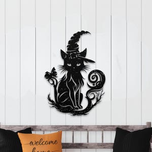 Witchy Cat Garden Sign – Halloween Metal Cute Cat Yard Decor – Cute Indoor Outdoor Scaredy Cat – Fall Porch or Lawn Decoration for Halloween