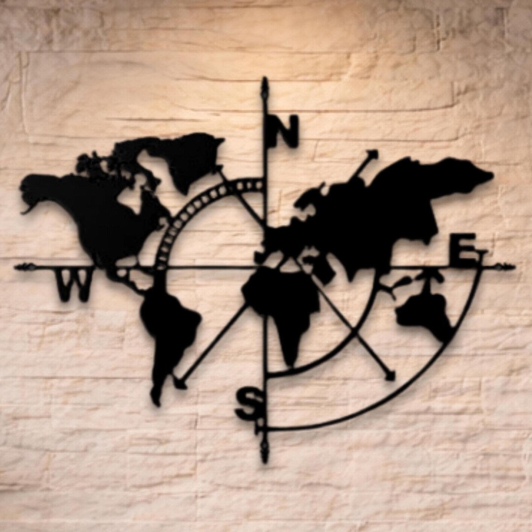 World Map Compass Metal Wall Art, Men's Office Decor, Travel Decor ...