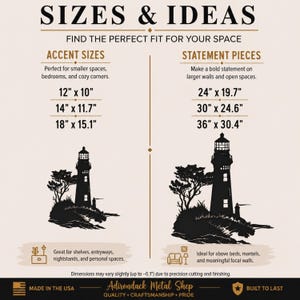 May include: A size guide chart for lighthouse wall art featuring two categories: Accent Sizes with dimensions 12x10, 14x11.7, and 18x15.1 inches, and Statement Pieces with 24x19.7, 30x24.6, and 36x30.4 inches. Includes text Made in the USA and Adirondack Metal Shop.