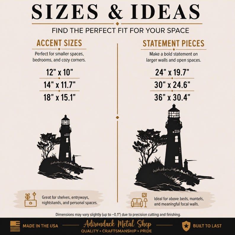 May include: A size guide chart for lighthouse wall art featuring two categories: Accent Sizes with dimensions 12x10, 14x11.7, and 18x15.1 inches, and Statement Pieces with 24x19.7, 30x24.6, and 36x30.4 inches. Includes text Made in the USA and Adirondack Metal Shop.