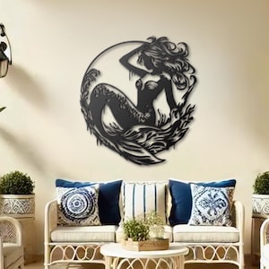 Mermaid Metal Wall Art: Powder-Coated Steel Ocean Decor