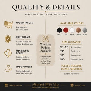 May include: Informational graphic detailing metal art quality. Features include "Made in the USA," powder coating, and color options: black, red, white, copper, and silver. Size guidance is provided, with options from 12" to 36"+. The text also mentions mounting options.
