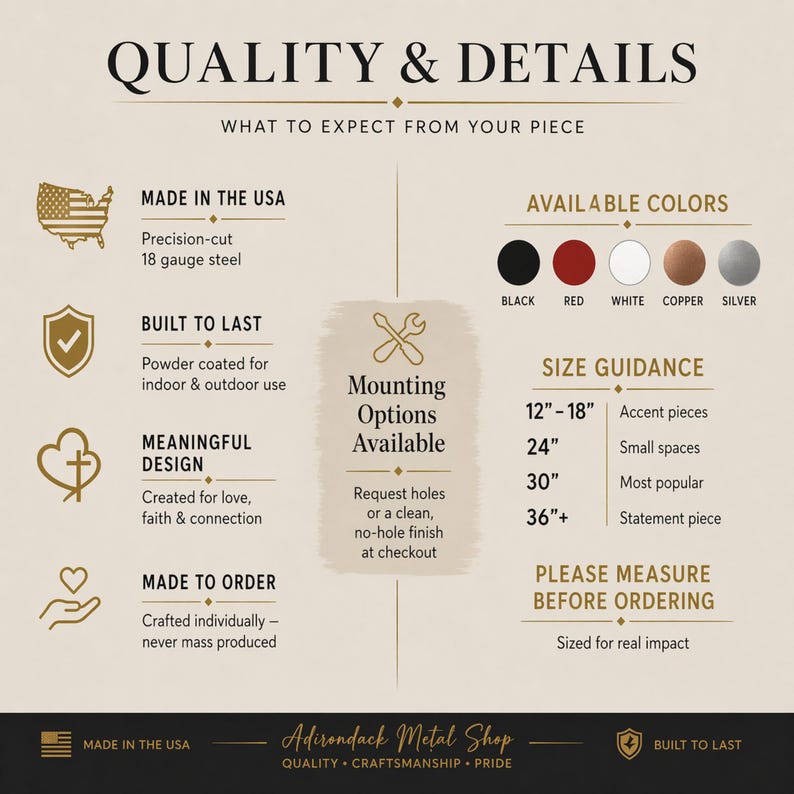 May include: Informational graphic detailing metal art quality. Features include "Made in the USA," powder coating, and color options: black, red, white, copper, and silver. Size guidance is provided, with options from 12" to 36"+. The text also mentions mounting options.