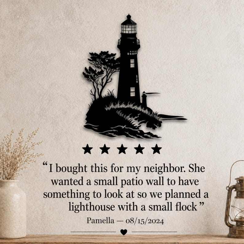 May include: A black metal wall art piece featuring a lighthouse silhouette on a rocky shore with a tree. Below the art are five black stars and the text: "I bought this for my neighbour. She wanted a small patio wall to have something to look at so we planned a lighthouse with a small flock" Pamella &mdash; 15/08/2024.