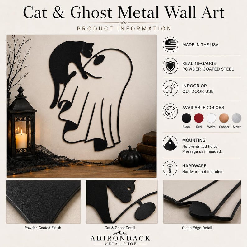 May include: A black metal wall art piece featuring a silhouette of a cat perched on a ghost. The product is made of 18-gauge powder-coated steel, suitable for indoor or outdoor use. Available in black, red, white, copper, and silver colours.