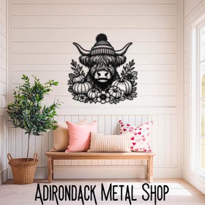Highland Cow Metal Wall Art: Autumn Pumpkin Decor