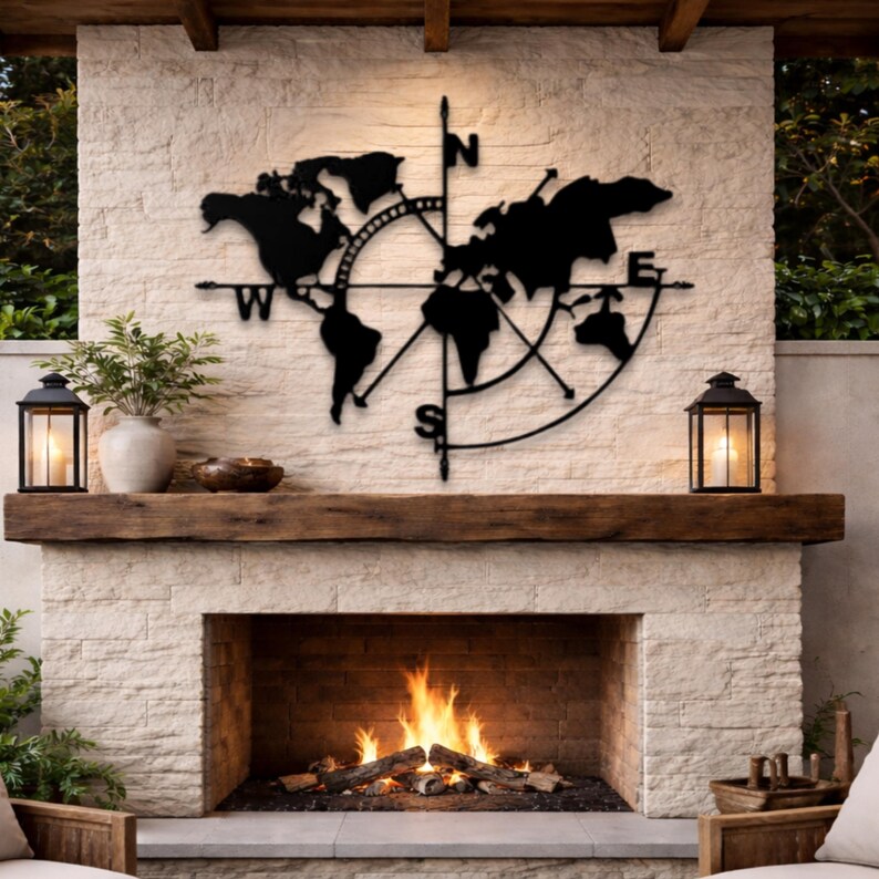 World Map Compass Metal Wall Art, Men's Office Decor, Travel Decor ...