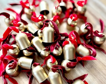 Rustic Gold Velvet Bells Set - Christmas Bell Ornaments, Vintage Holiday Decor