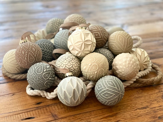 Modern Rustic Pattern Christmas Ornaments, Neutral Matte Finish, Boho Chic, Farmhouse Style, Ball Bauble, Neutral Matte Christmas Decor