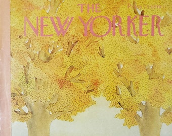 May include: The New Yorker magazine cover illustration features two yellow trees with a brown wooden fence and gate in the background. A wicker basket with gardening tools sits on a brick pathway in front of the fence.