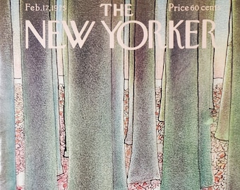 May include: The New Yorker magazine cover from Feb. 17, 1975, features a forest scene. Tall, slender trees in shades of green and gray stand against a backdrop of pink heart-shaped leaves. The magazine title is at the top.