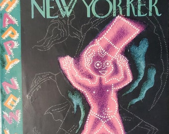 May include: The New Yorker magazine cover from December 31, 1932, features a pink, dotted figure with a top hat, standing over a city skyline with people celebrating New Year's Eve.