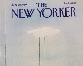 May include: The New Yorker magazine cover from June 30, 1980, features a cartoon illustration of a man in a suit and hat swinging from a cloud on a rope.