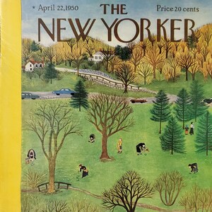 May include: A vintage cover of The New Yorker magazine from April 22, 1950, featuring an illustration of a park scene with people walking, trees, and a small stream. The price is 20 cents.