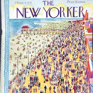 May include: The New Yorker magazine cover from Sept. 3, 1932, depicts a crowded beach scene. A large crowd of people walks along a boardwalk, with a beach and ocean in the background. The cover art is a colorful illustration.