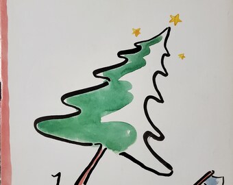 Puede incluir: La portada de la revista The New Yorker del 19 de diciembre de 1988 presenta una ilustración caprichosa de un árbol de Navidad con piernas, caminando con un hacha. El árbol es verde con contornos negros y estrellas amarillas.