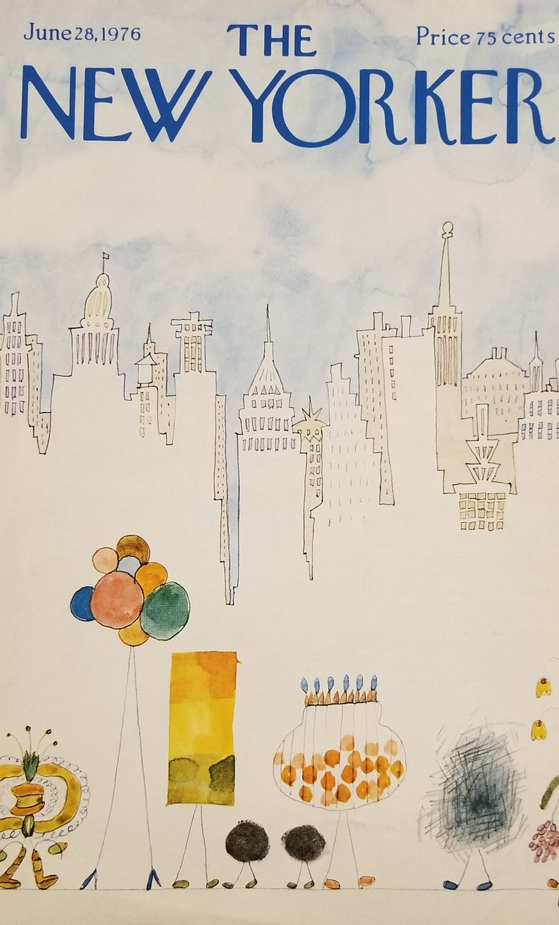May include: A vintage New Yorker magazine cover from June 28, 1976, featuring a whimsical illustration of a cityscape with colourful balloons and abstract figures. The magazine title "THE NEW YORKER" is printed in blue letters at the top of the cover.
