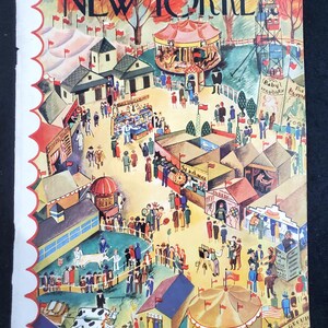 May include: A vintage illustration of a bustling county fair with colorful tents, rides, and games. People are walking around, enjoying the festivities. The text "The New Yorker" and "Oct. 9, 1937" are visible at the top of the image.
