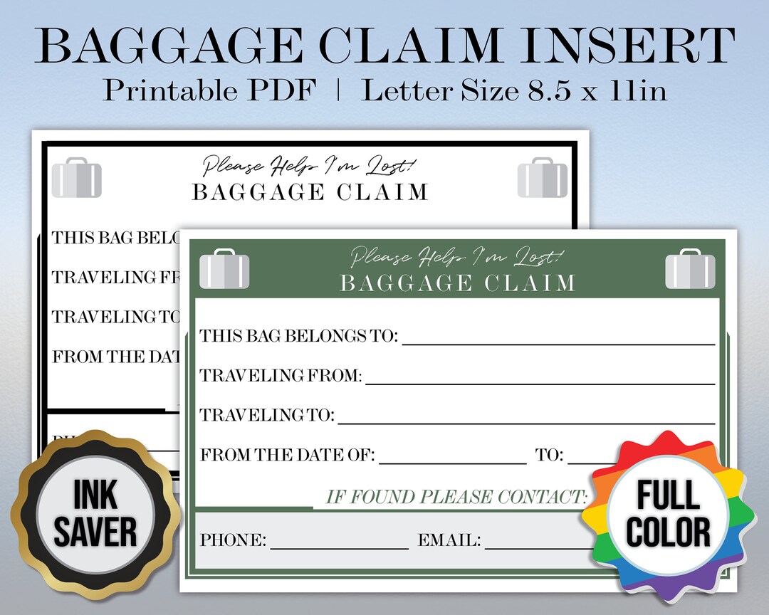 Printable Baggage Claim Insert Etsy