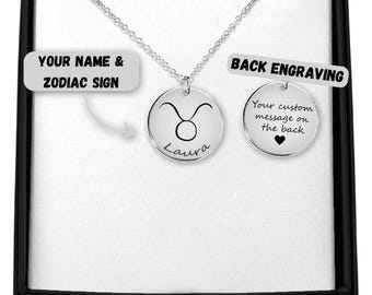 Custom Zodiac Necklace with Name & Message | Engraved Astrology Gift for Her or Him | Birthday Keepsake in Silver, Gold, or Rose Gold