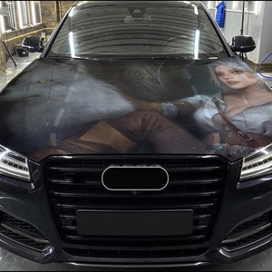 Car Hood Wrap Girl Warrior with White Wolf Vinyl Sticker Full Color Custom Decal fit any car