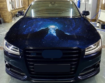 Car Hood Wrap Wolf Vinyl Sticker Full Color Moon Night Decal #9 fit any car