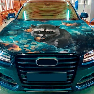 Car Hood Wrap Raccoon Vinyl Sticker Full Color Custom Decal fit any car