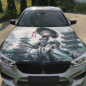 Car Hood Wrap Anime Warrior Vinyl Sticker Full Color Girl with Sword Decal #2 fit any car
