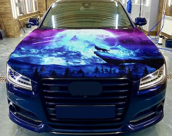 Car Hood Wrap Wolf Vinyl Sticker Full Color Moon Night Decal #10 fit any car