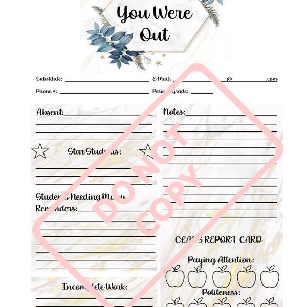 PRINTABLE Substitute Teacher Note EDITABLE Gold Veined White Marble w/ Dusty Blue Accents