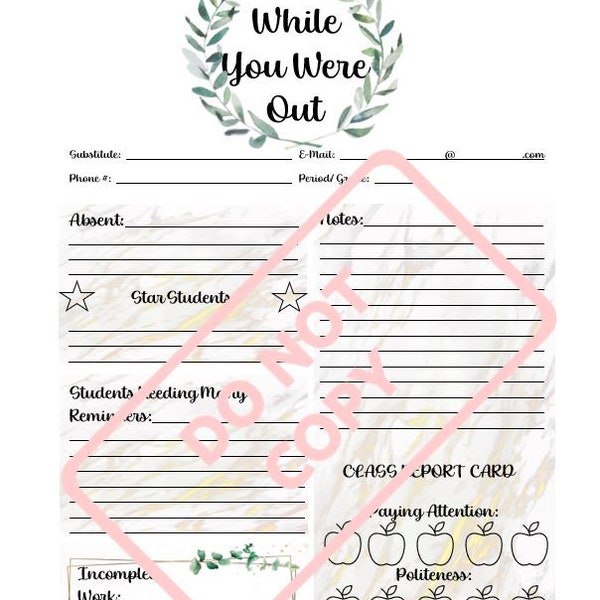 PRINTABLE Substitute Teacher Note EDITABLE Gold Veined White Marble w/ Eucalyptus Accents