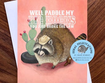Raccoon Cowboy Romantic Greeting Card - Original Art by Feral Felicitations