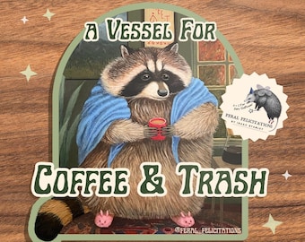 Cottage Coffee Drinking Raccoon Sticker Decal