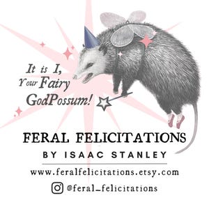 Może przedstawiać: Ilustracja oposa z wr&oacute;żkowymi skrzydłami, czapką imprezową i baletkami. Tekst brzmi "It is I, Your Fairy GodPossum!" i "FERAL FELICITATIONS BY ISAAC STANLEY". Fantazyjny projekt z tłem w kształcie gwiazdy.